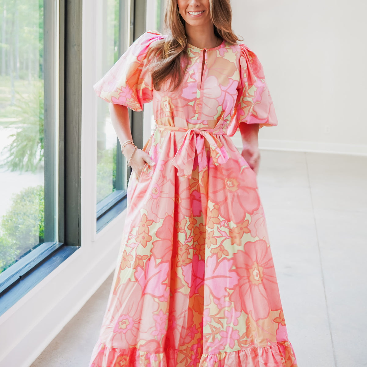 pink maxi dress with puff sleeves Bethany Maxi Dress