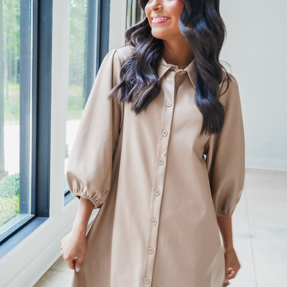 Vegan Leather Tunic Dress - Taupe- X-SMALL