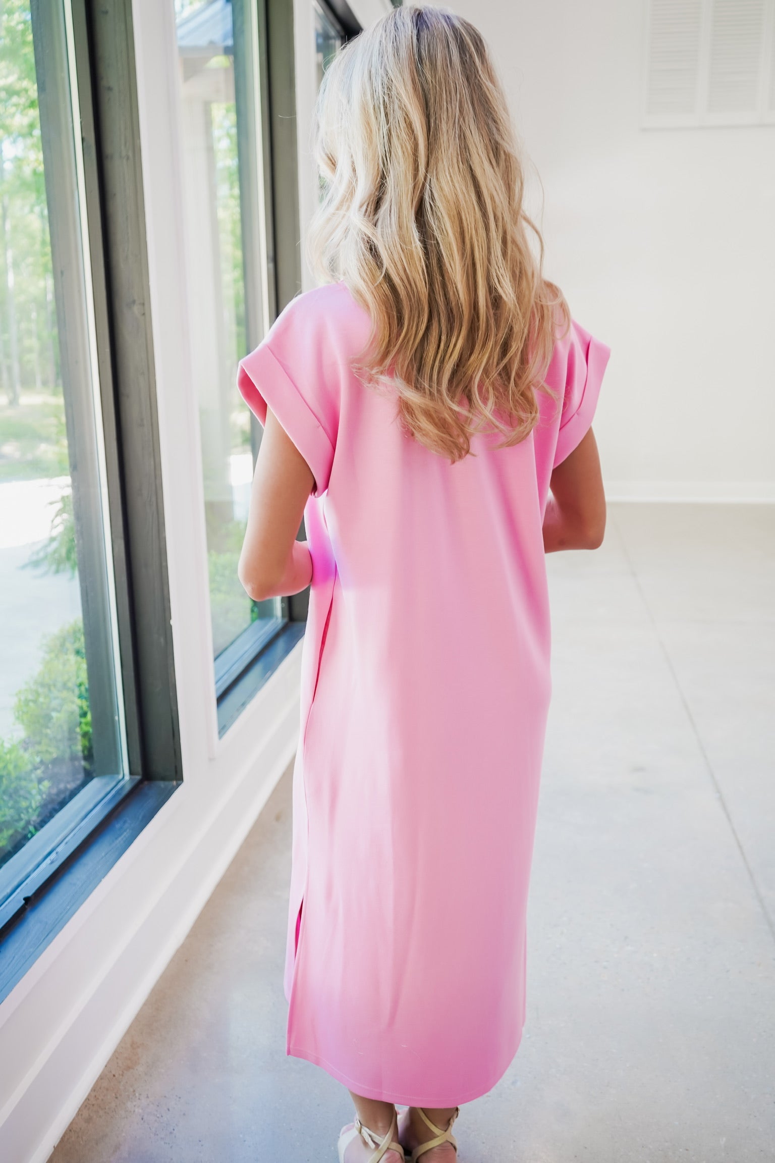 open lace back dress PINK SMOCKED SLEEVELESS TIE FRONT MIDI DRESS – Walker Boutique main image 1